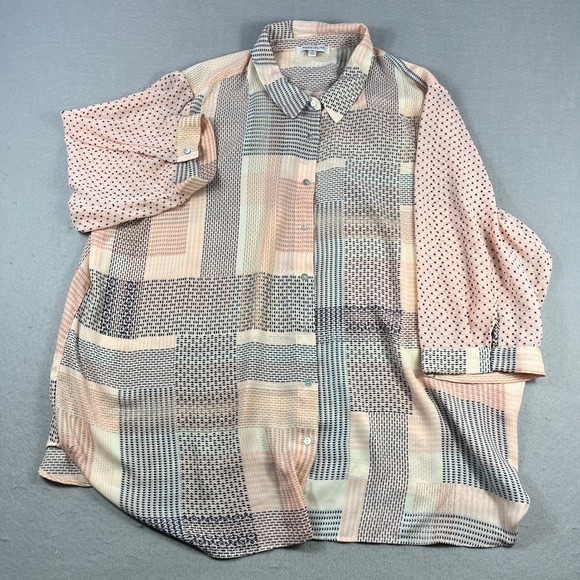 Rose + Olive Womens 3X Pink Mixed Geometric Polka Dot Button Down Blouse Top - Picture 2 of 4